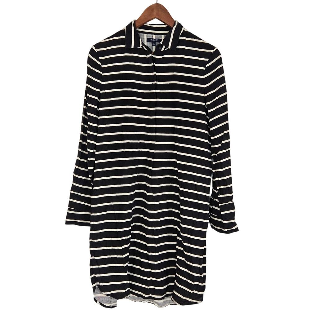 Elevated Basic Madewell Black White Striped 100% Silk Long‑Sleeve Shirt Dress S